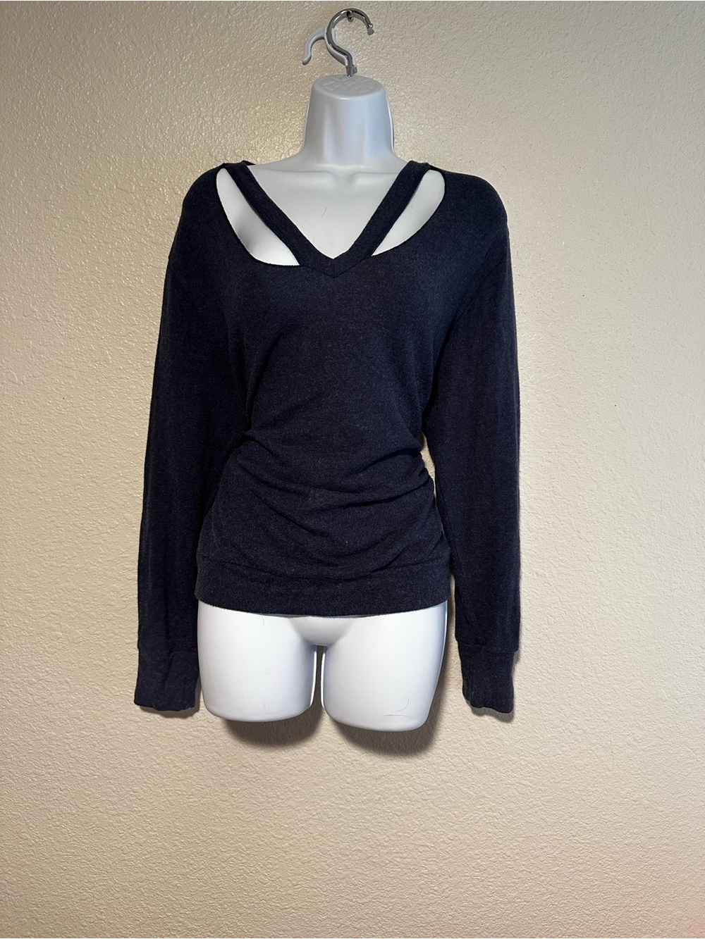 LNA Dark Blue Cutout V-Neck Strap Detail Sweater